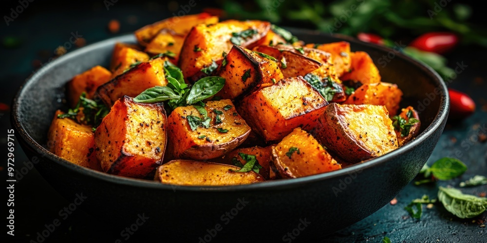 Thanksgiving. Roasted Sweet Potatoes. Baked sweet potato with herbs and spices in a bowl on a dark background. Thanksgiving. Roasted Sweet Potatoes. Baked sweet potato with herbs and spices in a bowl on a dark background.