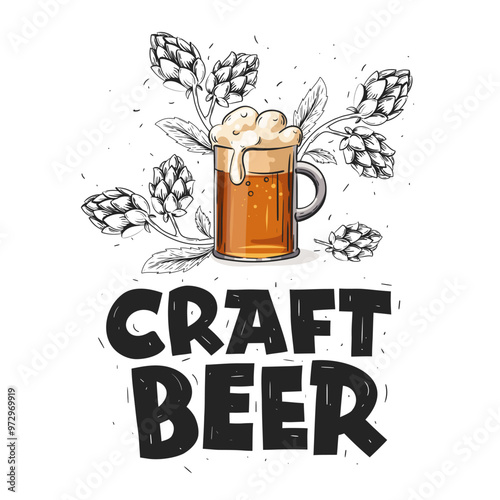Craft Beer. Hand draw bold lettering. Hops lineart branches surround the frothy glass. Draft vector illustration