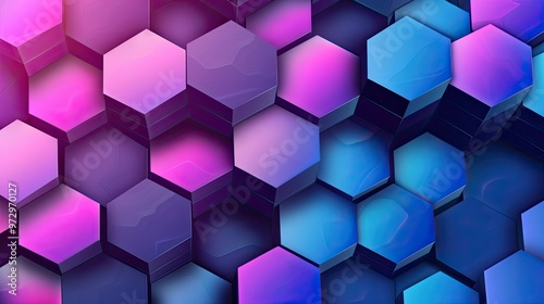 A vibrant, abstract arrangement of hexagonal shapes in shades of pink and blue, creating a modern digital aesthetic.