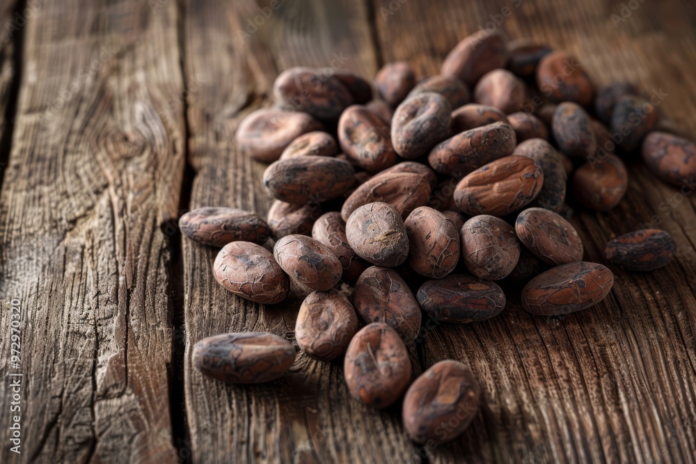 Naklejka premium Cacao Beans on Wooden Background