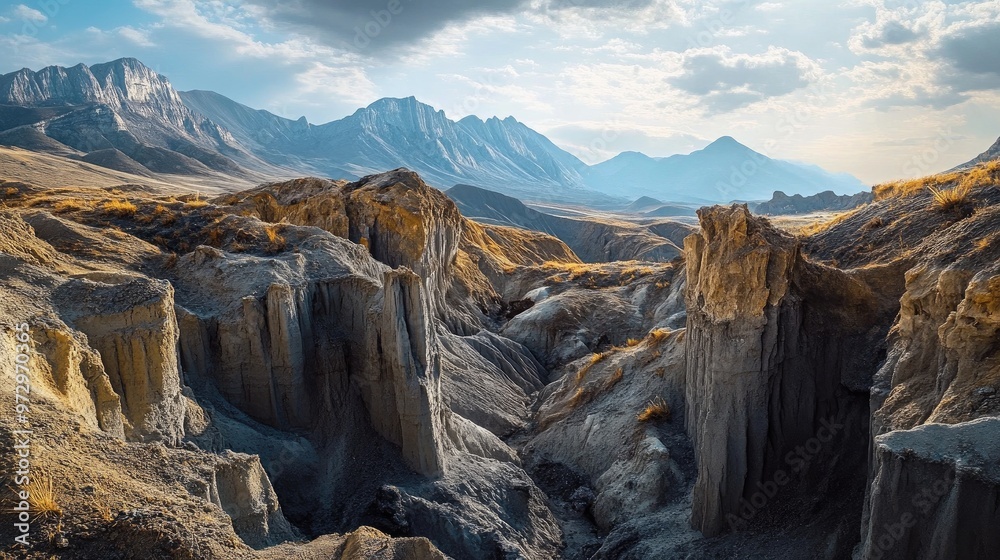 Obraz premium A rugged landscape with exposed rock formations, revealing the layers of the Earth's crust through erosion, set against a backdrop of mountains and sky.