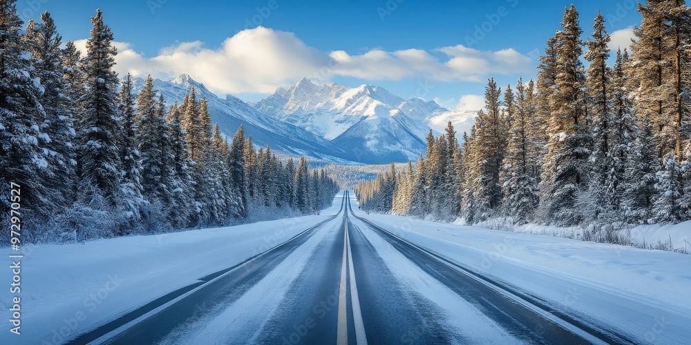 Straight Road Leading to Snowy Mountains Under Clear Blue Skies Straight Road Leading to Snowy Mountains Under Clear Blue Skies