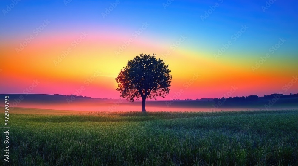 Fototapeta premium A rural landscape with a sunrise backdrop, featuring a field of dewy grass and a lone tree silhouetted against the colorful sky, evoking a sense of calm and tranquility.