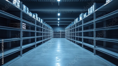 industrial distribution warehouse interior, featuring empty shelves for inventory storage, logistics, and fulfillment operations photo