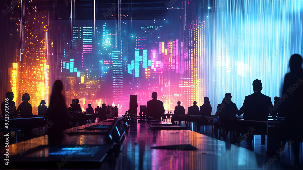 3D visualization of a corporate finance meeting with floating digital financial metrics and projections, set against a futuristic conference room backdrop 3D visualization of a corporate finance meeting with floating digital financial metrics and projections, set against a futuristic conference room backdrop
