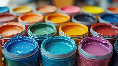 Close-Up View of Colorful Open Paint Cans in Various Colors, Perfect for Art and Painting Projects, Vibrant and Creative Background, Top View of Paint Jars for Drawing and DIY