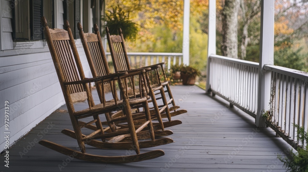 Rustic wooden rocking chairs on a wrap-around porch Rustic wooden rocking chairs on a wrap-around porch