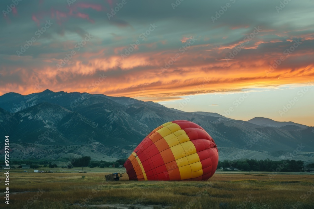 Obraz premium Hot Air Balloon Deflated in Mountain Landscape at Sunset