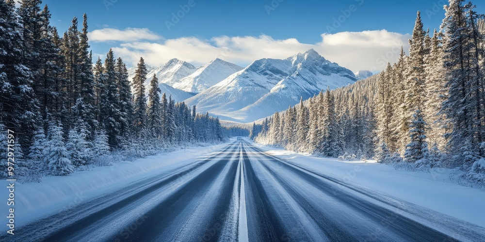 Straight Road Leading to Snowy Mountains Under Clear Blue Skies Straight Road Leading to Snowy Mountains Under Clear Blue Skies