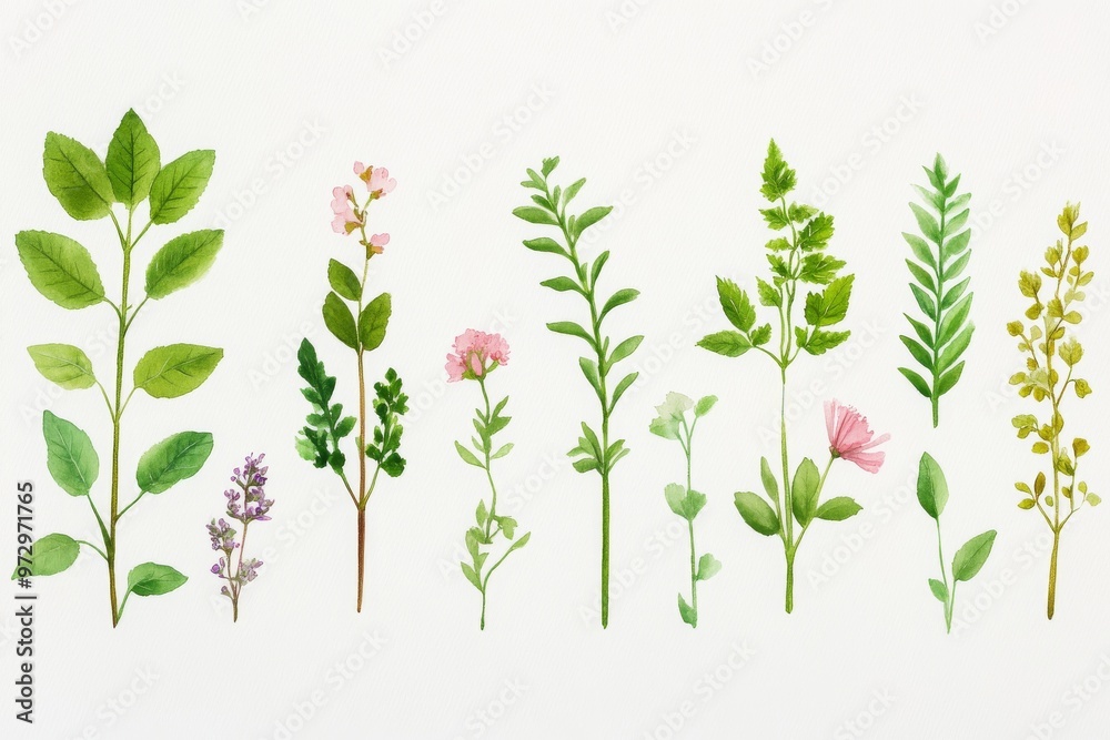 Fototapeta premium A beautiful arrangement of various green leaves and colorful flowers in a natural style for artistic and design projects.