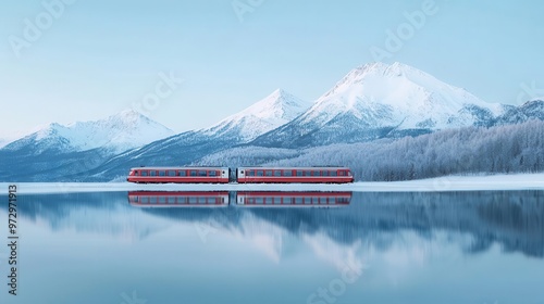 Scenic mountain train passing over a frozen lake, sharp icy peaks reflecting on the still water, lake railway snow, crisp winter reflection