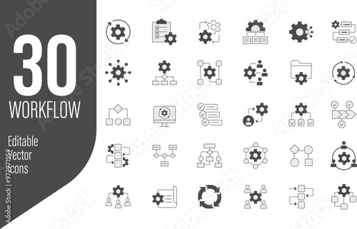 30 Editable Workflow Icons Set - Vector Illustration of Process Management, Project Planning, and Task Automation Symbols