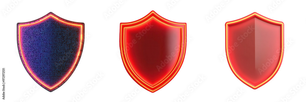 Set of three colored shields featuring glowing edges, ideal for designs related to security, protection, and gaming. isolated on a transparent background