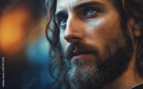 Intense Close-Up Portrait of Man with Curly Hair and Beard Looki photo