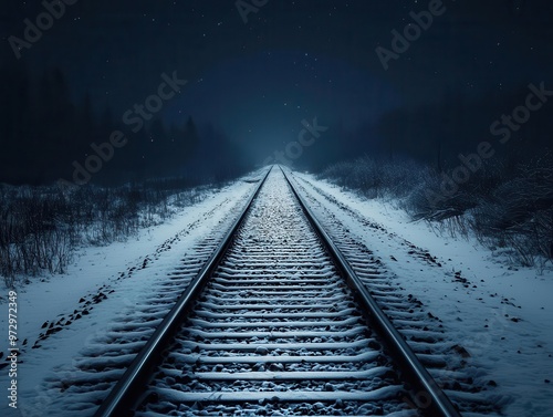 Night train illuminated by the moon, tracks disappearing into a snow-filled horizon, night train snow, silent winter night photo