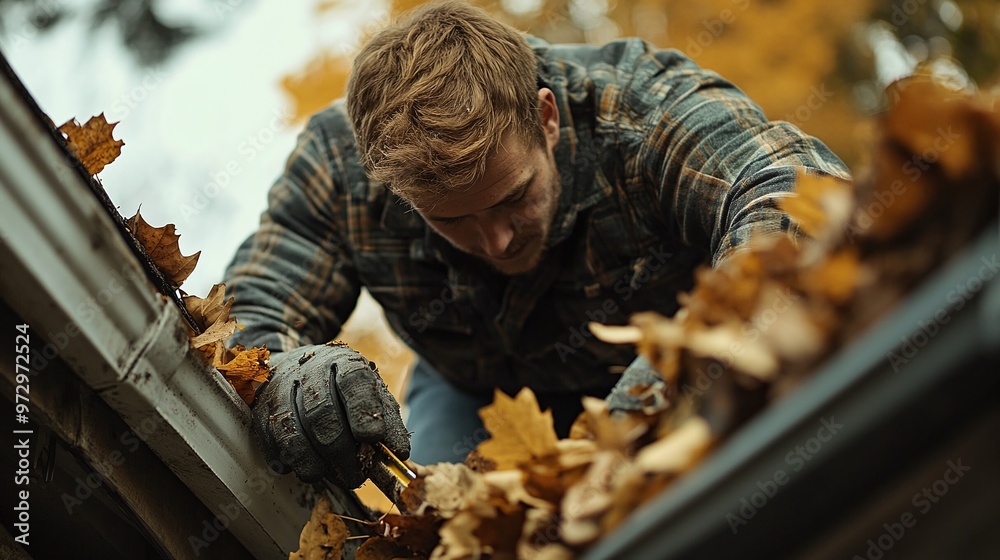 gutter cleaning task by a man, clearing leaves and debris for autumn home maintenance and outdoor upkeep