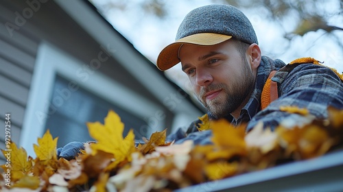 homeowner on a ladder cleaning the gutter from leaves, an essential task for roof maintenance and seasonal house upkee photo