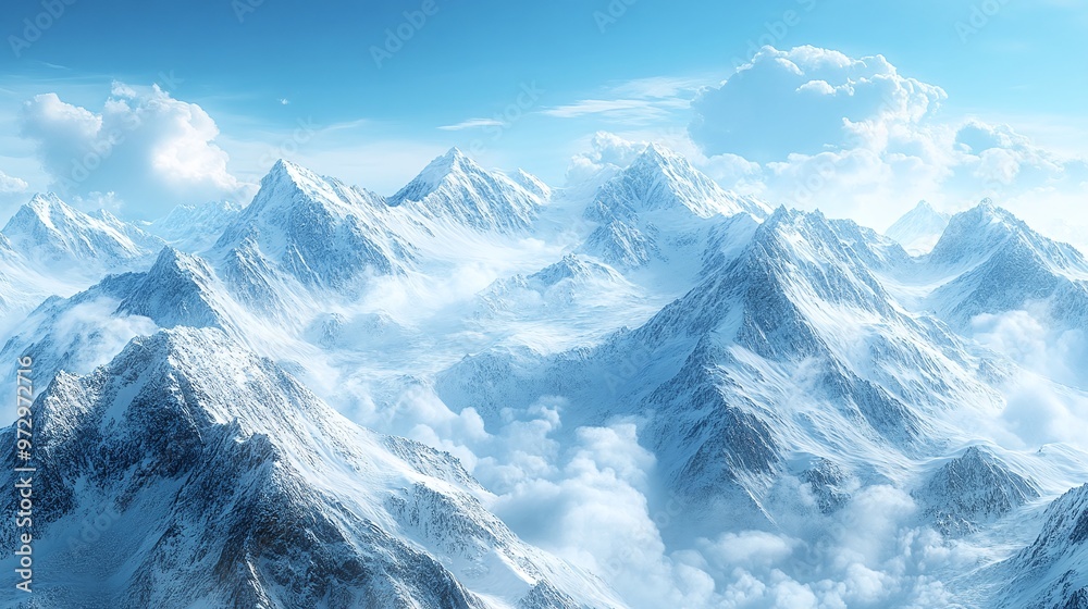Obraz premium majestic snowy mountain panorama, wide angle view of white peaks and serene alpine scenery in a natural landscape