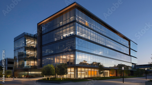 Modern glass office building with sunset in the background an atmosphere of innovation