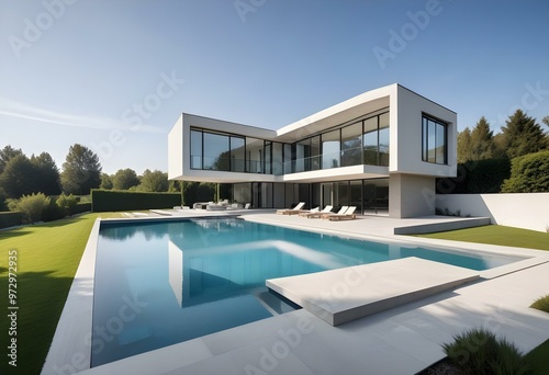 A modern, two-story white house with a swimming pool in the foreground. The house has large windows, a flat roof, and a minimalist, geometric design. The pool reflects the sky and the house, creating 