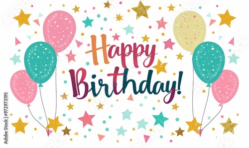Colorful Birthday Celebration With Balloons, Stars, and Cheerful Text in Festive Design