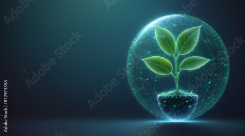 Futuristic digital illustration of small plant in glass pot on d photo