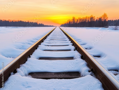 Frozen tracks stretching towards a glowing winter sunset, untouched snow glistening, railroad in snow, tranquil winter dusk