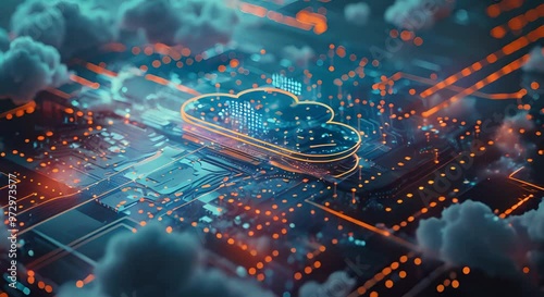 Abstract Cloud Computing Concept with Circuit Board and Glowing Lines