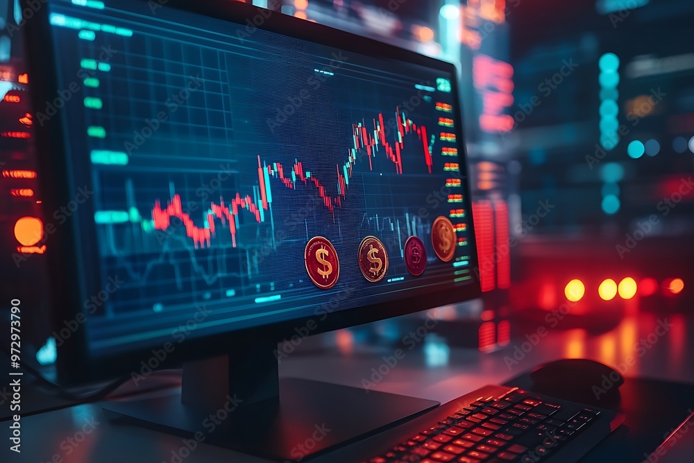 Digital coin stacks with upward trend arrows displayed alongside a stock market graph, representing financial growth, cryptocurrency investment, and market analysis in a futuristic setting. Digital coin stacks with upward trend arrows displayed alongside a stock market graph, representing financial growth, cryptocurrency investment, and market analysis in a futuristic setting.