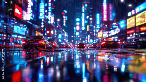 A bustling street at night from cats eye view, showcasing vibrant neon lights reflecting on wet pavement. scene captures lively atmosphere of rainy urban environment