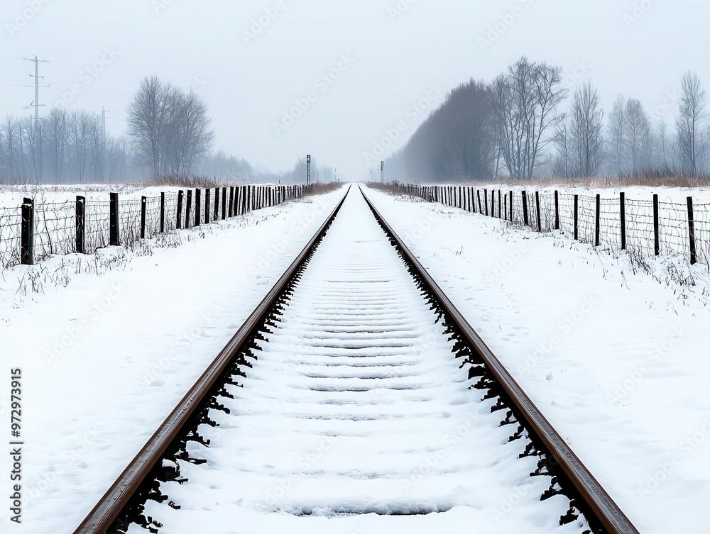 Abandoned railway with rusty tracks under layers of snow, broken fences lining the route, abandoned train winter, forgotten journey Abandoned railway with rusty tracks under layers of snow, broken fences lining the route, abandoned train winter, forgotten journey