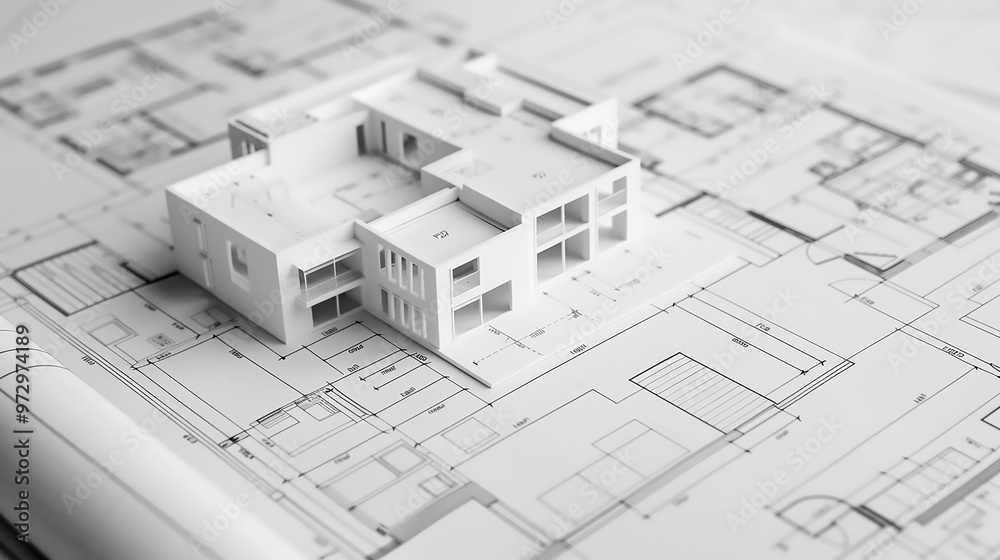 Model House with Coins and Financial Documents luxury white home Model House with Coins and Financial Documents luxury white home