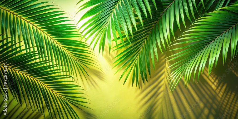 Summer natural color green palm leaves with hard shadows and a tropical background , nature, tropical, green, palm leaves Summer natural color green palm leaves with hard shadows and a tropical background , nature, tropical, green, palm leaves