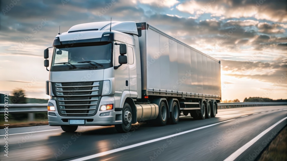 Freight transport vehicle speeding along an empty rural highway
Freight transport vehicle speeding along an empty rural highway