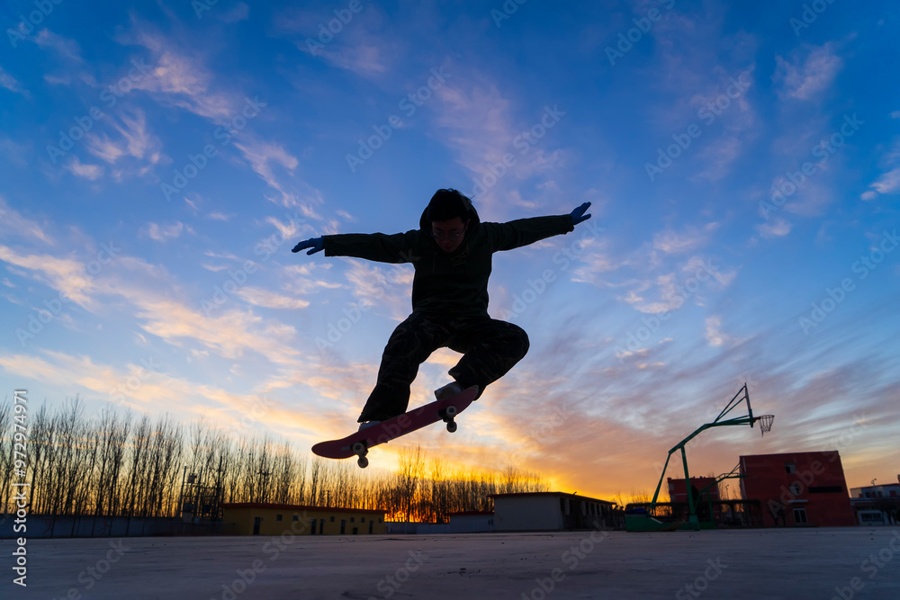 In the evening, a boy is playing skateboard. In the evening, a boy is playing skateboard.