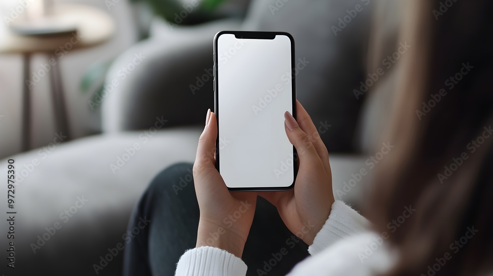Over shoulder close up view of female hand holding smartphone with mock-up screen Over shoulder close up view of female hand holding smartphone with mock-up screen