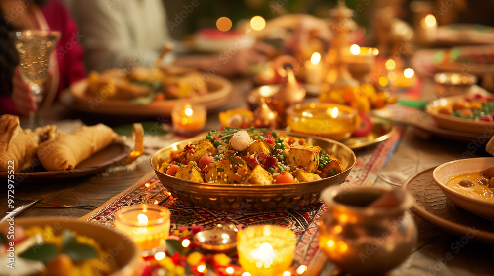 Festive Indian meal with paneer curry during Diwali celebration. Festive Indian meal with paneer curry during Diwali celebration.