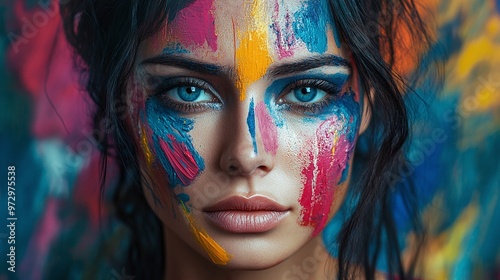 vibrant and artistic woman portrait with paint on her face, unique design for a music cover backdrop