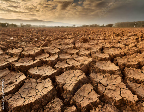 A closeup of dry, cracked brown soil surface, capturing the earthy texture and readiness for agricultural use in a detailed farming landscape