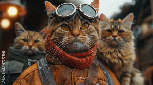 Cat wearing goggles and pilot dress. gloomy portrait of a cyberpunk dog