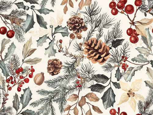 A beautiful Christmas seamless pattern featuring vintage botanical elements, including pinecones, holly, and berries, creating festive and warm atmosphere