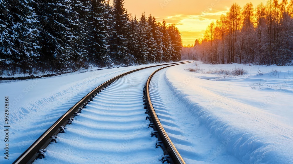 Obraz premium Train tracks winding through a snowy forest at dusk, golden light filtering through the trees, forest railway winter, peaceful evening