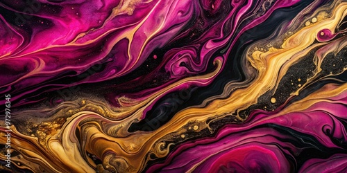 Luxurious abstract fluid art painting in magenta, black, and gold with unique texture , luxury, abstract, fluid art, painting