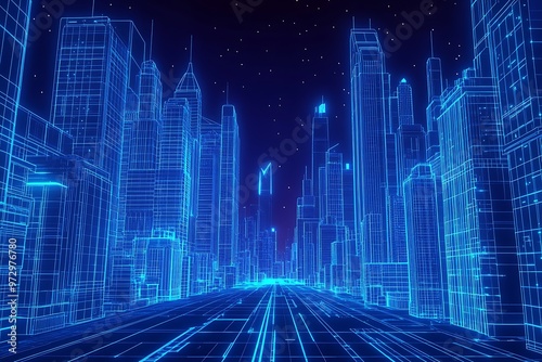 A city skyline depicted with glowing blue wireframe structures, representing a futuristic urban landscape and modern architectural design in a digitalized, high-tech world.