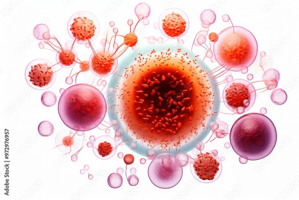 Fototapeta premium A colorful representation of a blood cell infected with malaria parasites, highlighting the trophozoite and gametocyte stages