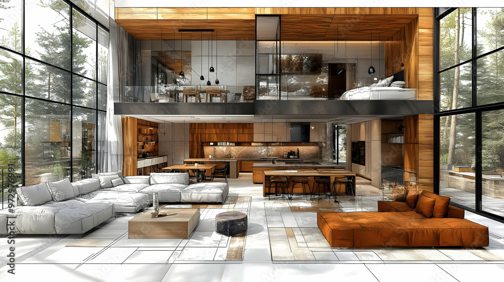 Modern open-concept living space featuring wood and glass elements with a cozy atmosphere. Modern open-concept living space featuring wood and glass elements with a cozy atmosphere.