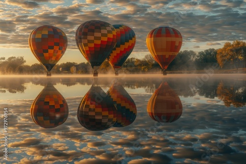 Hot Air Balloons Reflecting on a Misty Lake at Sunrise photo