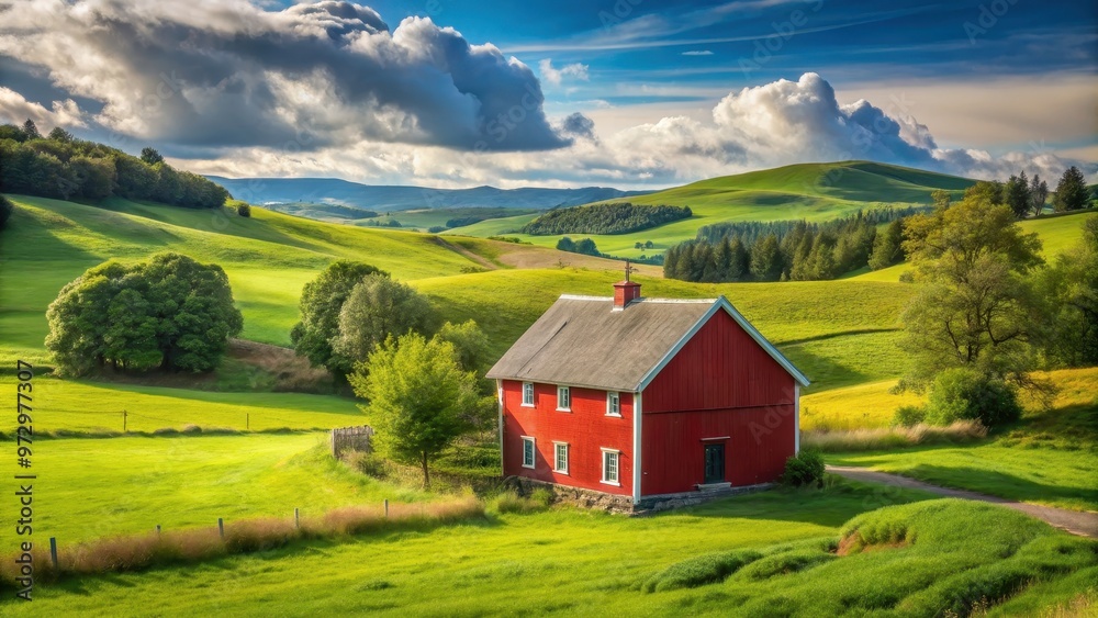 Red house in countryside surrounded by green fields and scenic beauty, red house, countryside, green fields, scenic, beauty Red house in countryside surrounded by green fields and scenic beauty, red house, countryside, green fields, scenic, beauty