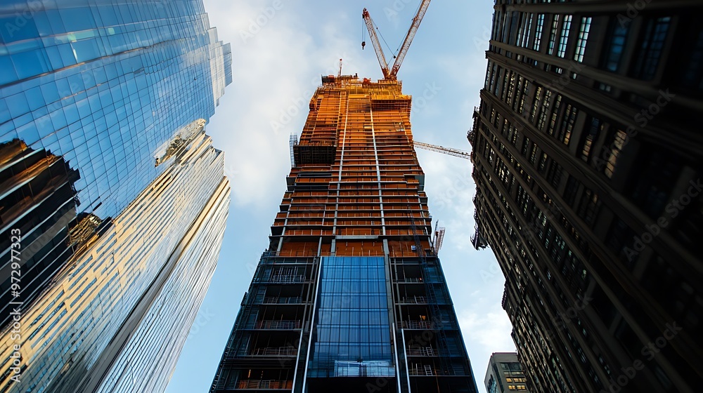 Fototapeta premium A Tall Skyscraper Under Construction Between Two Existing Buildings