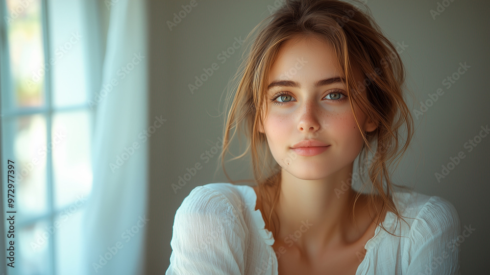 Dreamy Portrait of a Young Woman in Soft Window Light, Natural Style Dreamy Portrait of a Young Woman in Soft Window Light, Natural Style